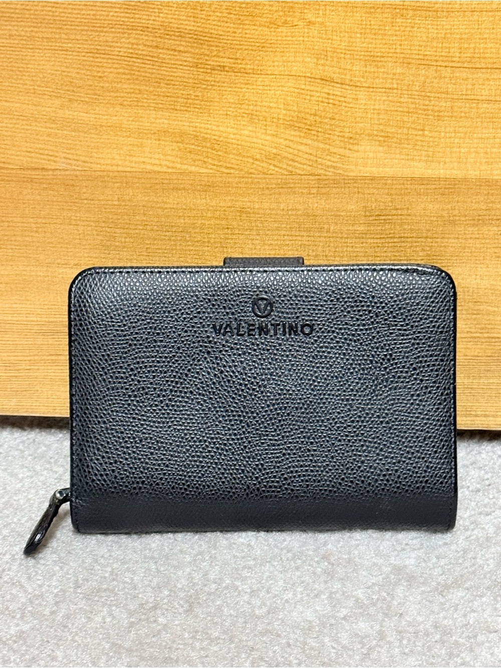 Valentino by Mario Valentino Black Pebbled Leather Noodles Bi-Fold Wallet